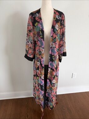 Black Floral Sheer Long Kimono Robe